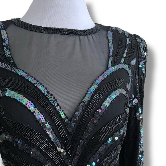 Vintage 1980s AJ Bari Womens Cocktail Dress Sz Small Black Silk Beaded Sequins - Picture 8 of 16
